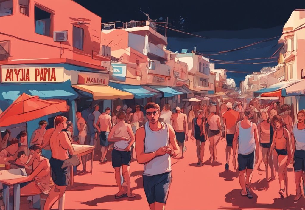 Moderne digitale Malerei von Ayia Napa, Zypern, mit lebhaftem Nachtleben, überfüllten Stränden, Warnschildern und Notdiensten, die die Sicherheit der Touristen überwachen, Hauptfarbe Koralle.