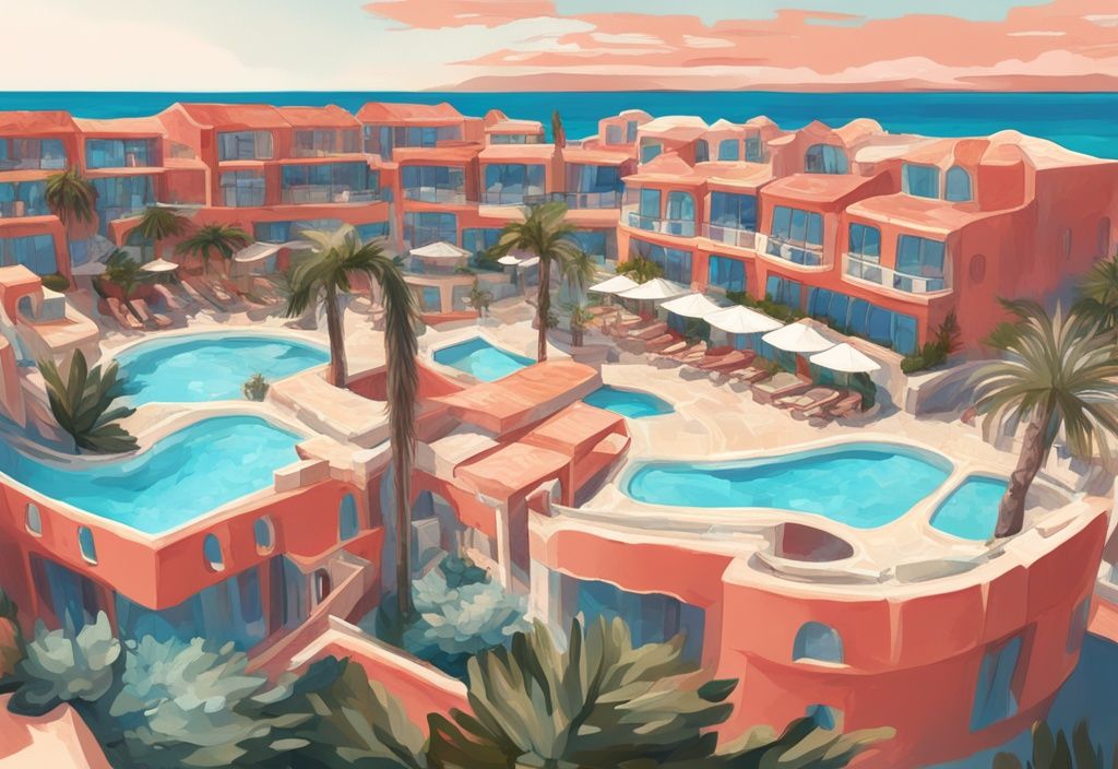 Panoramablick auf das luxuriöse Atlantica Mare Village in Ayia Napa mit Pools, grünen Landschaften und dem funkelnden Mittelmeer im Hintergrund, moderne digitale Illustration in Korallenfarben