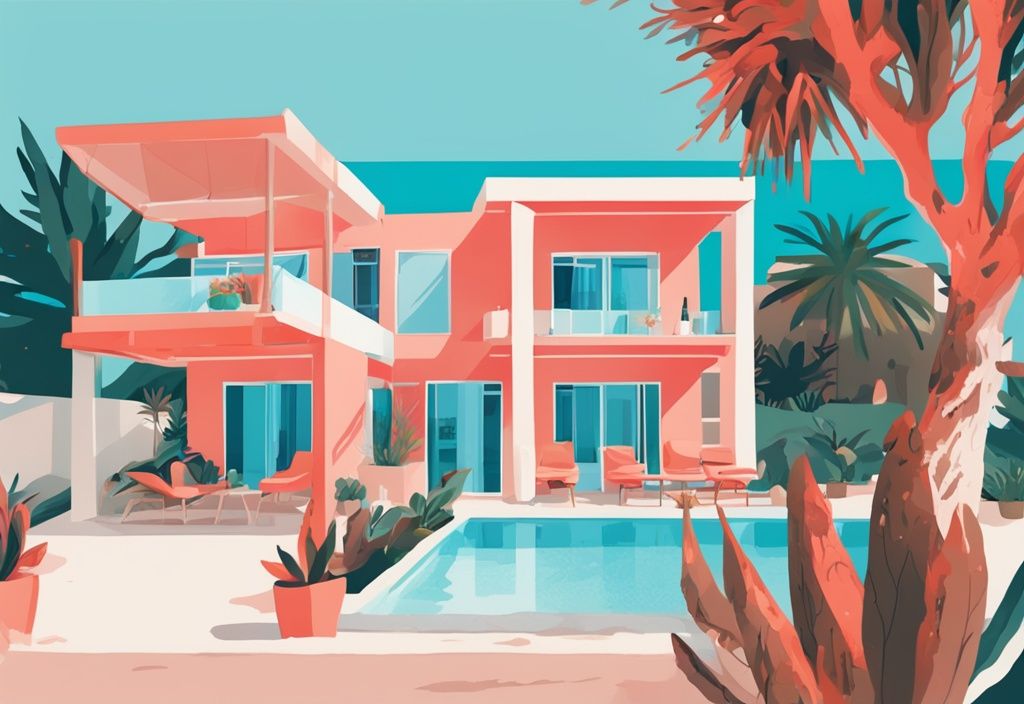 Moderne digitale Illustration von Ferienhäusern in Ayia Napa mit mediterraner Architektur, umgeben von üppigen Gärten und funkelndem blauen Meer im Hintergrund, Hauptfarbthema Koralle.