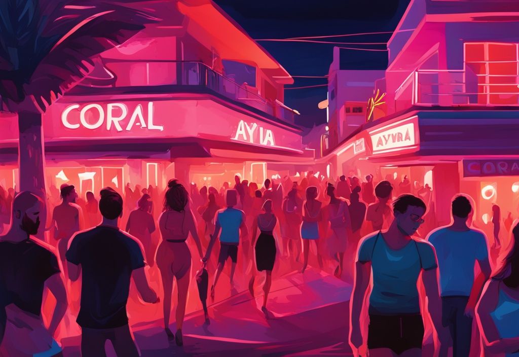 Moderne digitale Malerei mit lebhafter Nachtleben-Szene am Ayia Napa Strip, beleuchtet von neonfarbenen Bars und Clubs, mit Menschenmengen, die feiern.