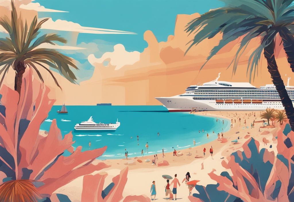 Moderne digitale Illustration eines lebhaften Strandes in Ayia Napa mit klarem blauem Meer, goldenem Sand, Palmen, einem Kreuzfahrtschiff in der Ferne und einem Paar, das seinen Reiseführer mit "Ayia Napa Pauschalreise" auf dem Cover erkundet.