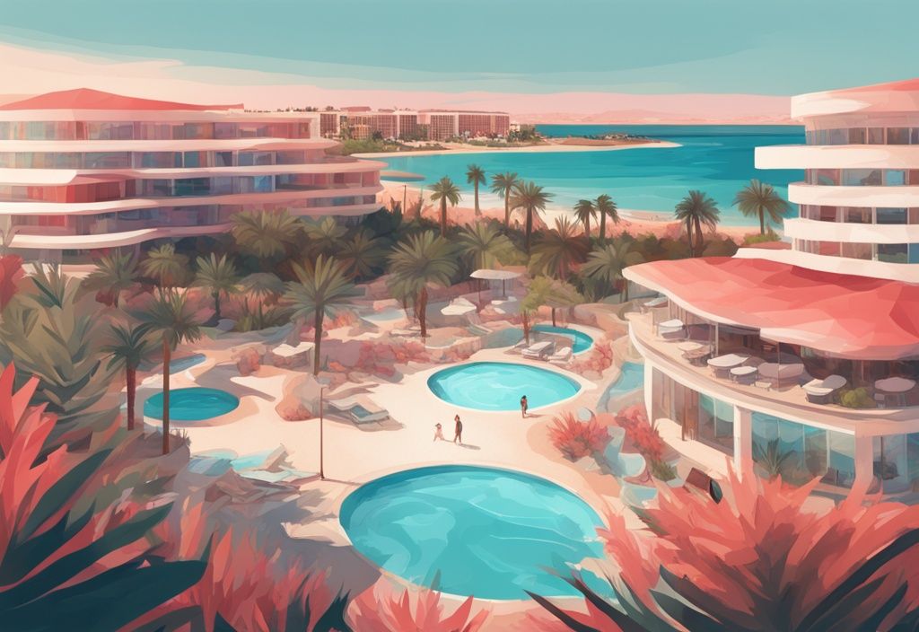 Moderne digitale Malerei des Olympic Lagoon Resort Ayia Napa mit luxuriösen Gärten, glitzernden Pools und makellosem Strand.