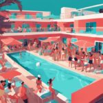 Modernes digitales Gemälde einer lebhaften Poolparty in einem Party-Hotel in Ayia Napa mit DJs und jungen Erwachsenen, die Spaß haben.