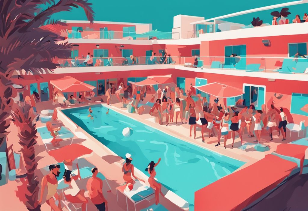 Modernes digitales Gemälde einer lebhaften Poolparty in einem Party-Hotel in Ayia Napa mit DJs und jungen Erwachsenen, die Spaß haben.