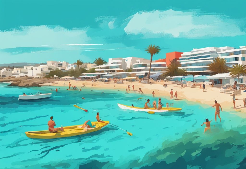 Moderne digitale Malerei von Ayia Napa Küste im Mai, klare blaue Himmel, Touristen genießen Wassersport im lebhaften türkisfarbenen Mittelmeer, Hauptfarbe Korallenrot.