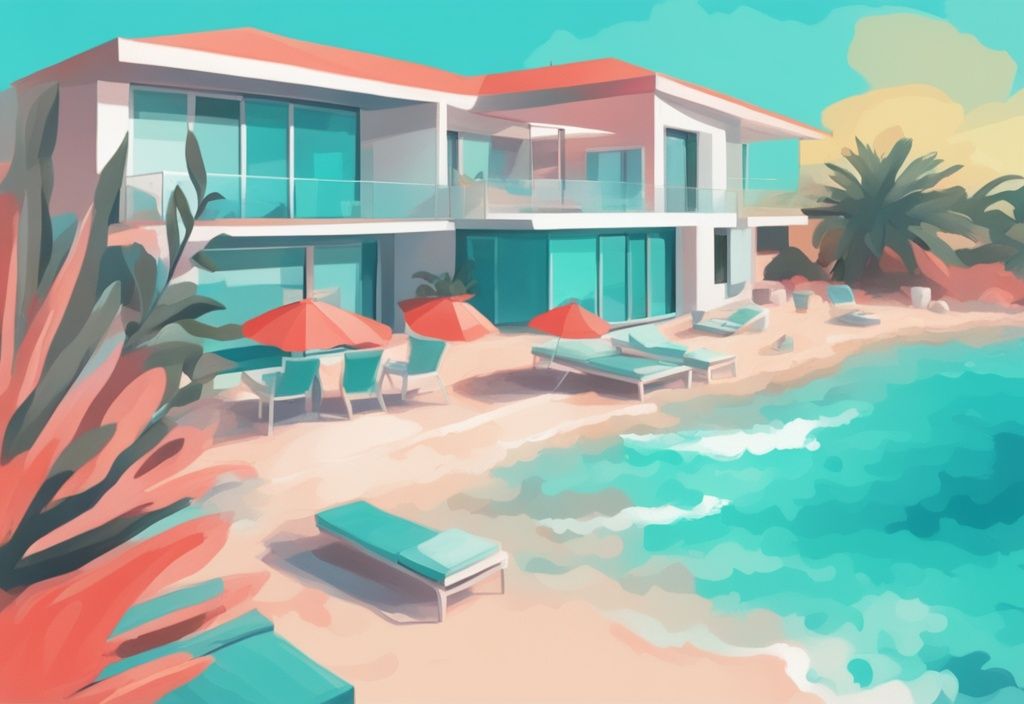 Moderne digitale Malerei Illustration eines einladenden Airbnb Anwesens in Ayia Napa mit korallfarbenem Thema und kristallklarem türkisfarbenem Mittelmeer im Hintergrund.