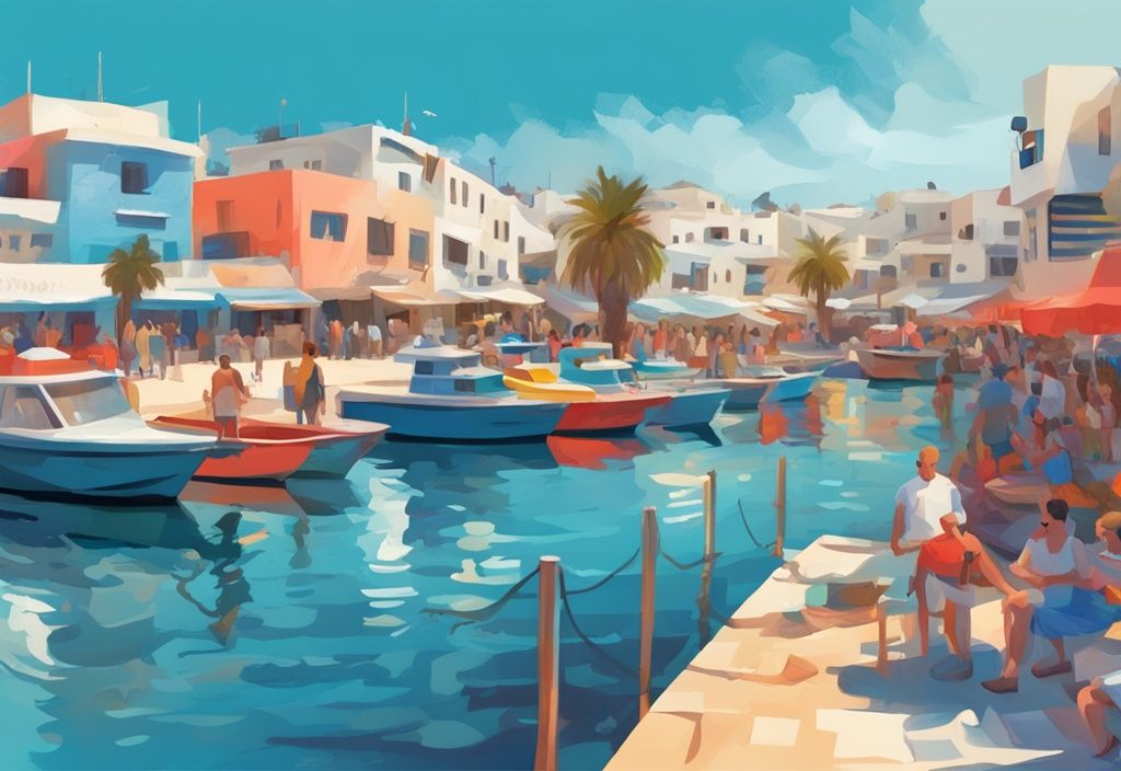 Moderne digitale Malerei Illustration von Ayia Napa Hafen auf Zypern mit azurblauem Wasser, bunten Booten und lebhafter Menschenmenge unter der strahlenden Sonne. Keyword: cyprus ayia napa.