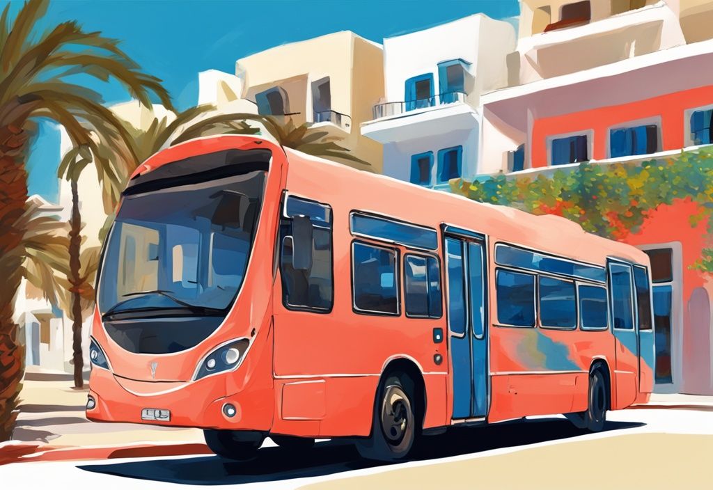 Moderne digitale Malerei von Ayia Napa Bus 101, der durch die malerischen Straßen von Ayia Napa fährt, mit dem schönen Mittelmeer im Hintergrund, Hauptfarbe Koralle.