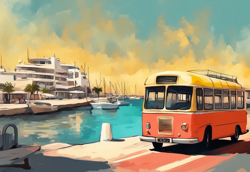 Moderner digitaler Gemälde-Illustration mit einem gelben Bus am malerischen Hafen von Larnaca, der sich auf den Weg in die lebhafte Stadt Ayia Napa macht. Hauptfarbthema: Koralle. Keyword: larnaca ayia napa bus.