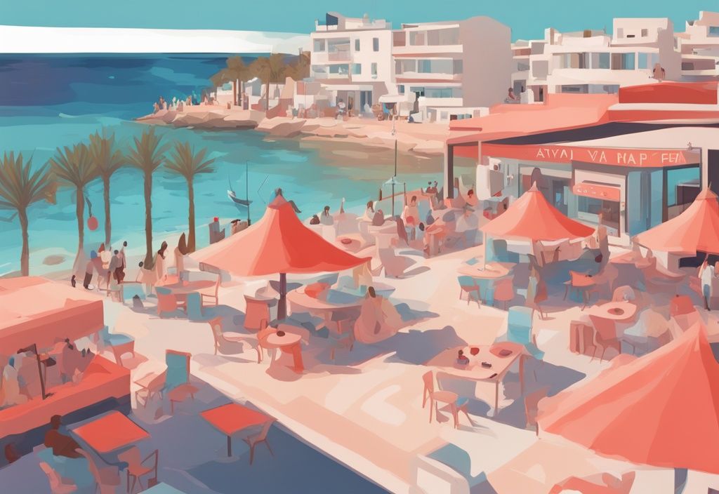 Moderne digitale Illustration von Ayia Napa mit Schwerpunkt auf Korallenfarben, zeigt versteckte Geheimtipps wie weniger überfüllte Strände, berühmte Bars und einzigartige lokale Restaurants.