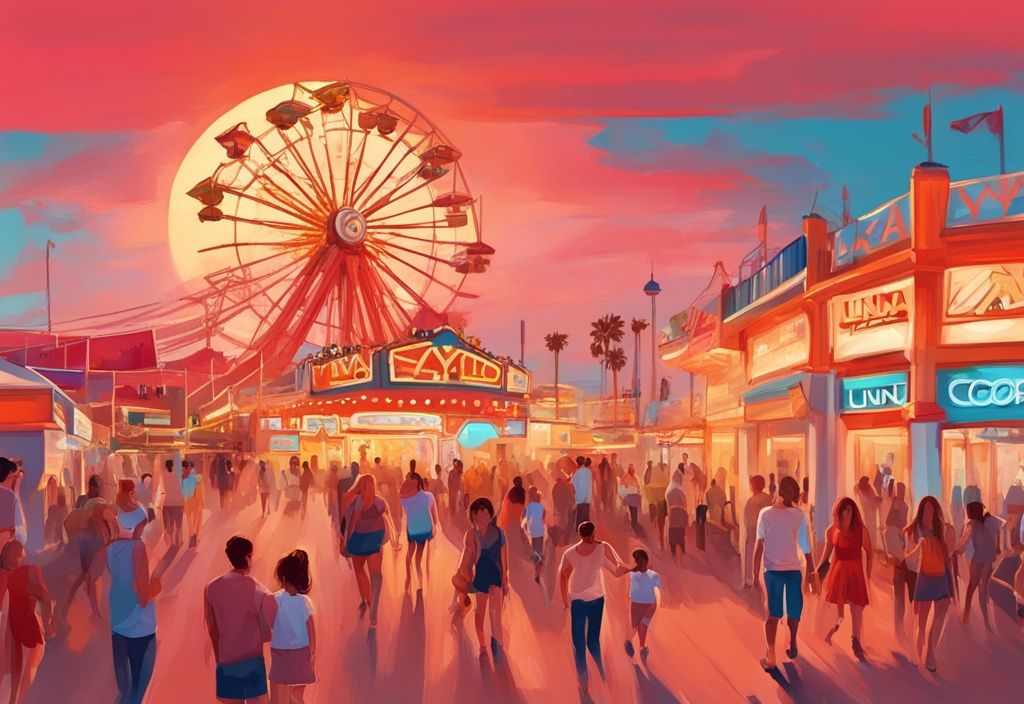 Moderne digitale Illustration von Luna Park Ayia Napa bei Sonnenuntergang, mit Familien, die bunte Fahrgeschäfte und Attraktionen genießen, Hauptfarbe Koralle.