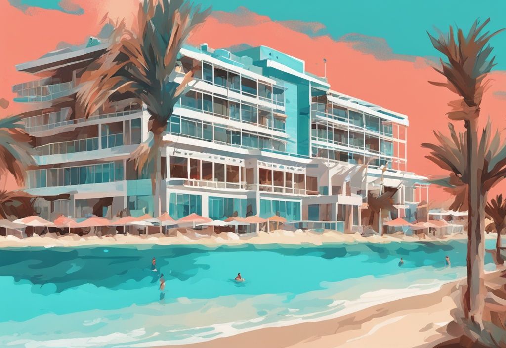 Moderne digitale Malerei des Adams Beach Hotels Ayia Napa mit luxuriöser Fassade, angrenzendem Strand, kristallklarem türkisfarbenem Wasser und Palmen im warmen Mittelmeerwind, Hauptfarbe Koralle.