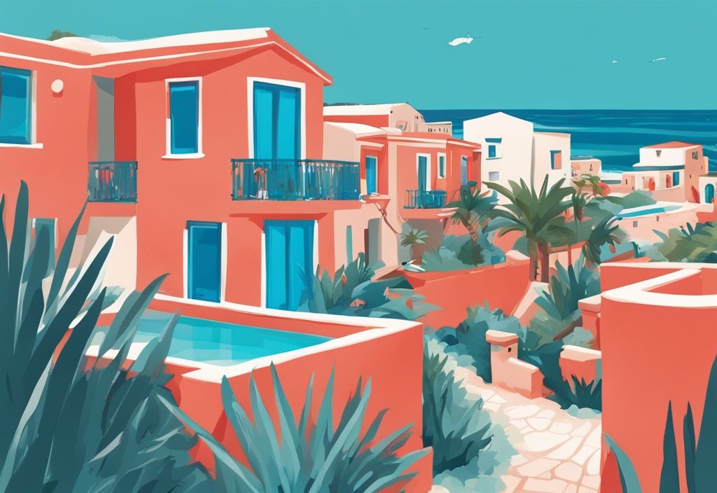 Moderne digitale Malerei von Ferienhäusern in Ayia Napa mit mediterraner Architektur, üppigen Gärten und funkelndem blauen Meer im Hintergrund, Hauptfarbe Koralle.