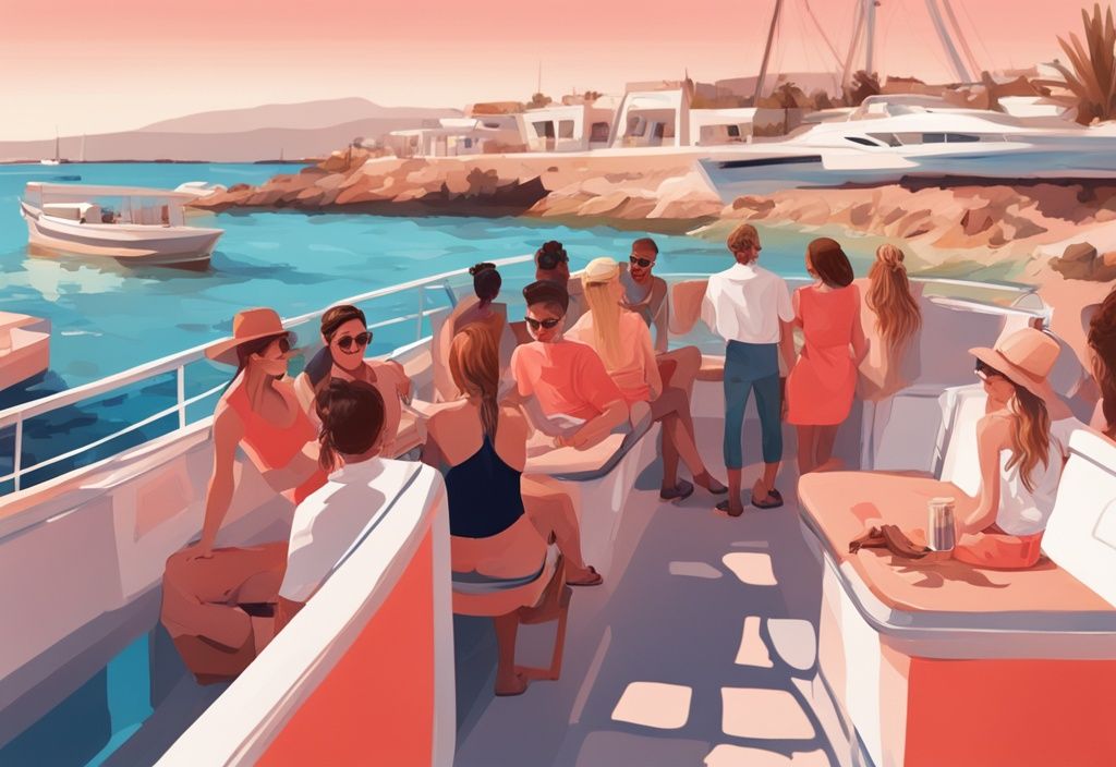 Moderne digitale Malerei, diverse Touristen genießen eine Bootstour mit atemberaubender Küstenansicht von Ayia Napa, ausflüge zypern ab ayia napa