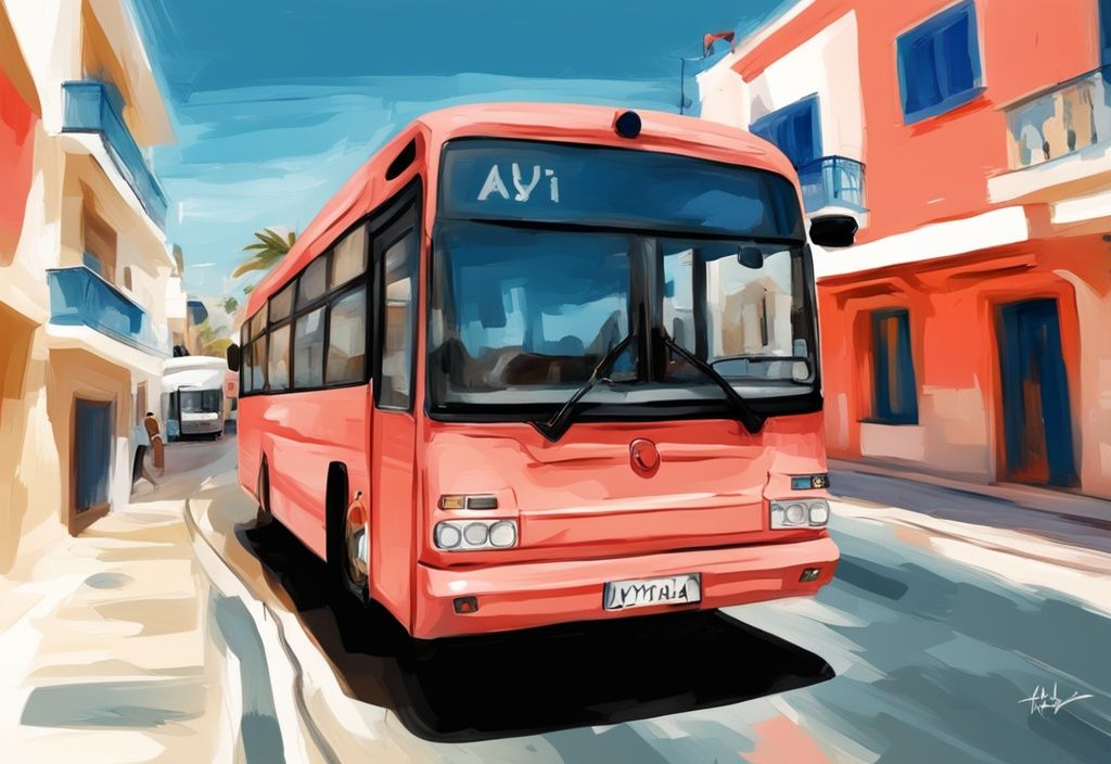 Modernes digitales Gemälde des Ayia Napa Bus 101, der durch malerische Straßen von Ayia Napa fährt, mit dem Mittelmeer im Hintergrund, Hauptfarbe Koralle.