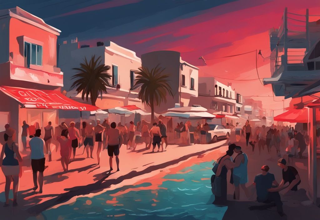 Moderne digitale Malerei von Ayia Napa, Zypern, mit Korallenfarben, lebhaftem Nachtleben, überfüllten Stränden, Warnschildern und Notdiensten.