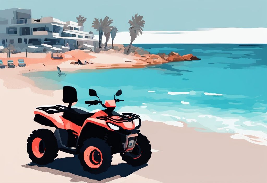 Modernes digitales Gemälde einer sonnigen Strandlandschaft in Ayia Napa mit einem geparkten Quad-Bike und klarem blauen Meer im Hintergrund - ayia napa quad mieten.