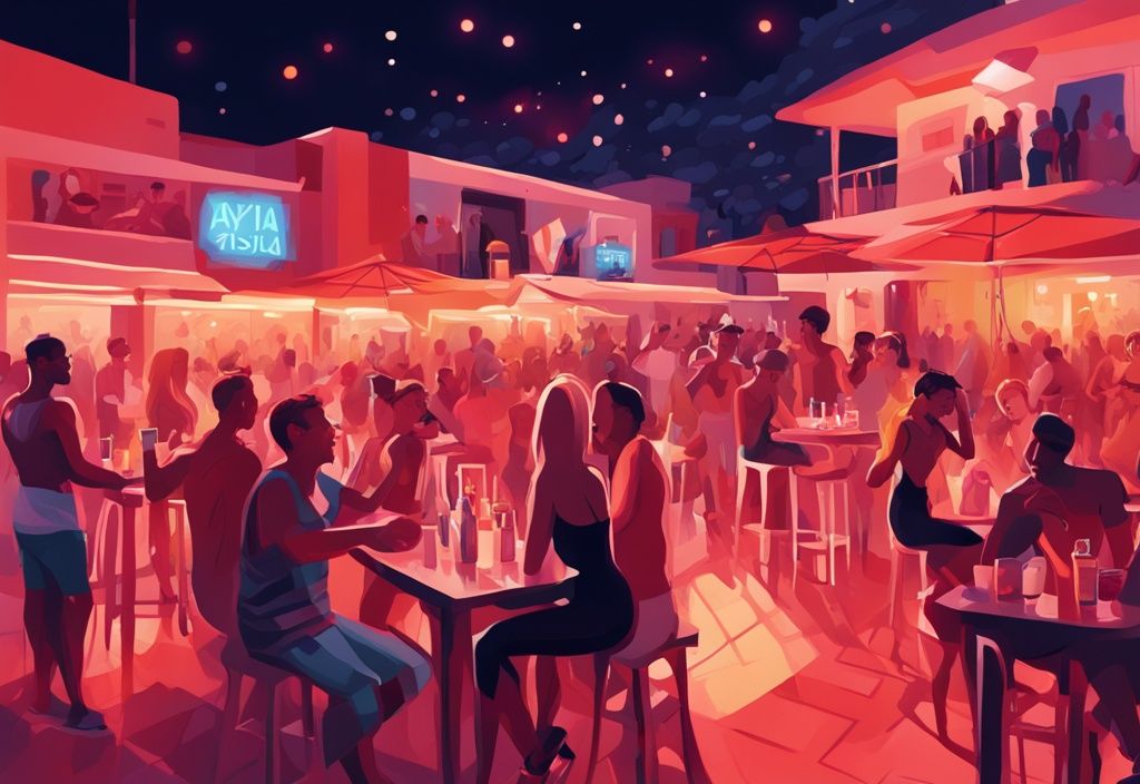 Moderne digitale Illustration einer lebhaften Nachtleben-Szene in Ayia Napa Bars mit Menschen, die Getränke und Unterhaltung in hell beleuchteten, lebendigen Bars genießen.