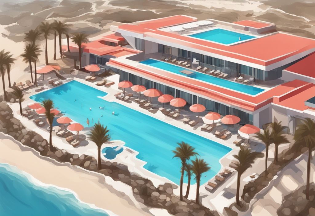 Luftaufnahme des luxuriösen Amarande Hotels in Ayia Napa mit modernen Pools, entspannenden Lounges und der Nähe zum azurblauen Meer in einer digitalen Malerei mit Korallenthema.