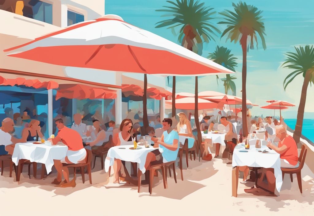 Moderne digitale Malerei einer belebten Open-Air-Restaurant-Szene in Ayia Napa, umgeben von Palmen, weißem Sandstrand und dem azurblauen Mittelmeer, mit Gästen, die kulinarische Köstlichkeiten an einem sonnigen Tag genießen. Keyword: ayia napa restaurants