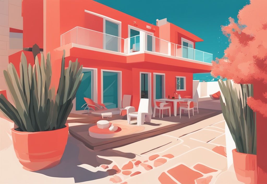 Moderne digitale Illustration eines gemütlichen Airbnb in Ayia Napa, umgeben von lebendigem Nachtleben und ruhigen Sandstränden unter der warmen Mittelmeersonne