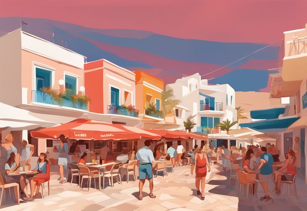 Moderne digitale Malerei von Ayia Napa Platz in Zypern mit lebhaften Cafés, geschäftigen Touristen und bunten Geschäften unter sonnigem Mittelmeerhimmel in Korallenfarbe.