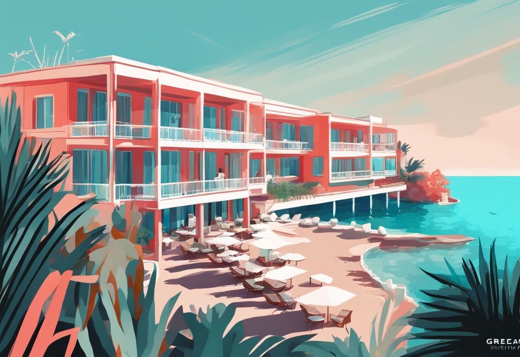 Moderne digitale Malerei des Grecian Bay Hotel Ayia Napa, einem luxuriösen Resort an einer azurblauen Küste mit auffälliger Architektur und üppigem Grün, Hauptfarbthema Koralle.