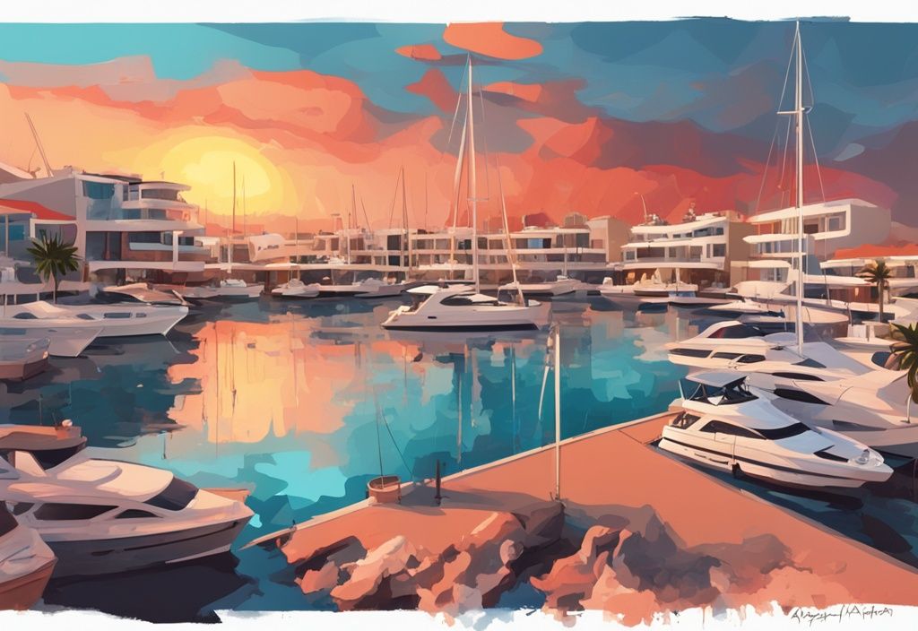 Moderne digitale Malerei von der Ayia Napa Marina bei Sonnenuntergang, mit luxuriösen Yachten im ruhigen Hafen und einer Farbpalette in Koralle.