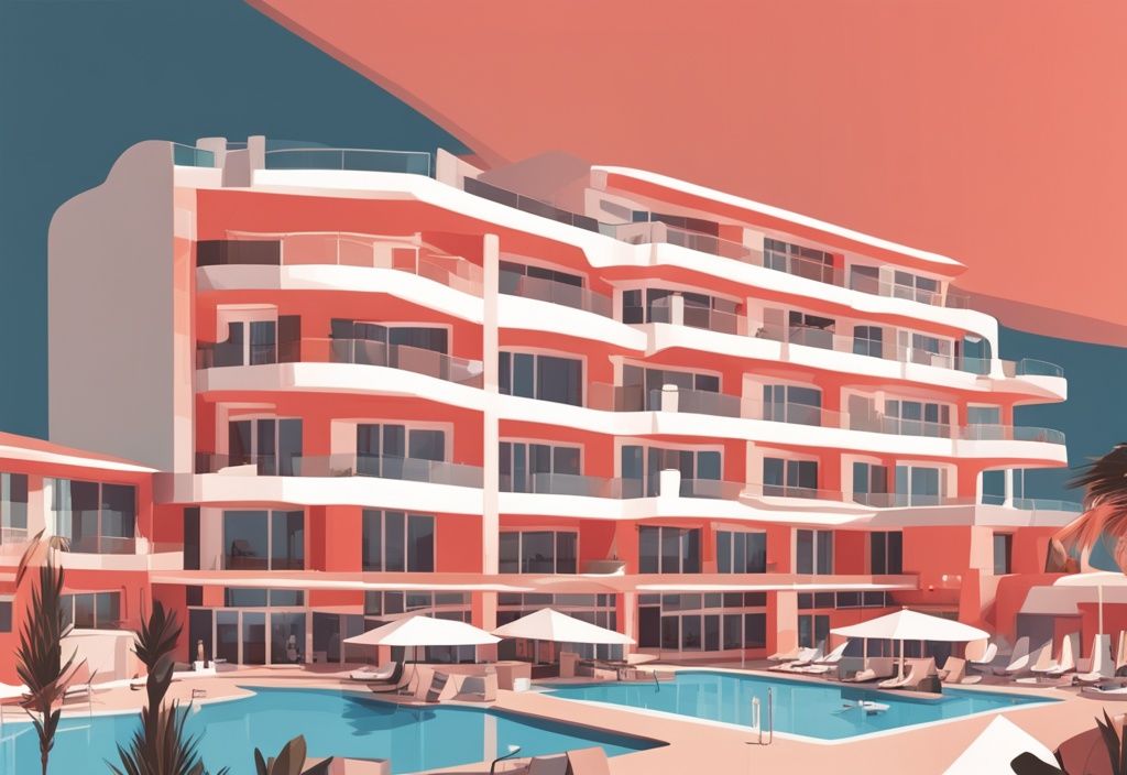 Moderne digitale Malerei des luxuriösen Faros Hotel Ayia Napa mit gut ausgestatteten Zimmern, luxuriösen Annehmlichkeiten und atemberaubender Strandlage in Korallenfarben.