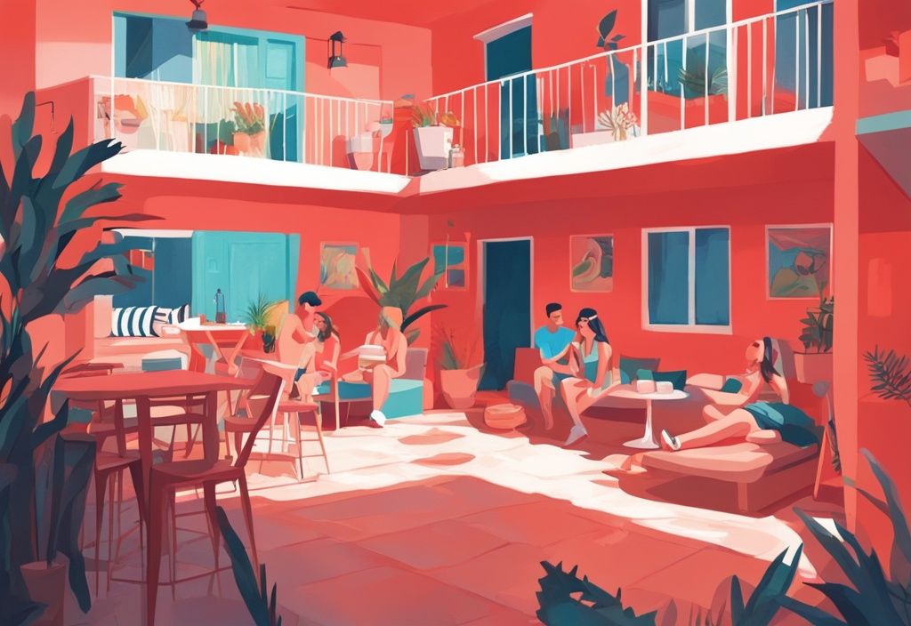 Moderne digitale Malerei eines lebhaften Hostels in Ayia Napa mit jungen Reisenden, die die Gemeinschaftsräume und die lebhafte Dekoration genießen, Hauptfarbe Koralle.