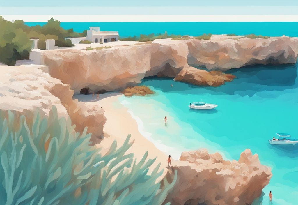 Moderne digitale Malerei mit korallenfarbenem Thema zeigt die ruhigen azurblauen Gewässer der Blauen Lagune in Ayia Napa und malerische Kalksteinfelsen im Hintergrund.