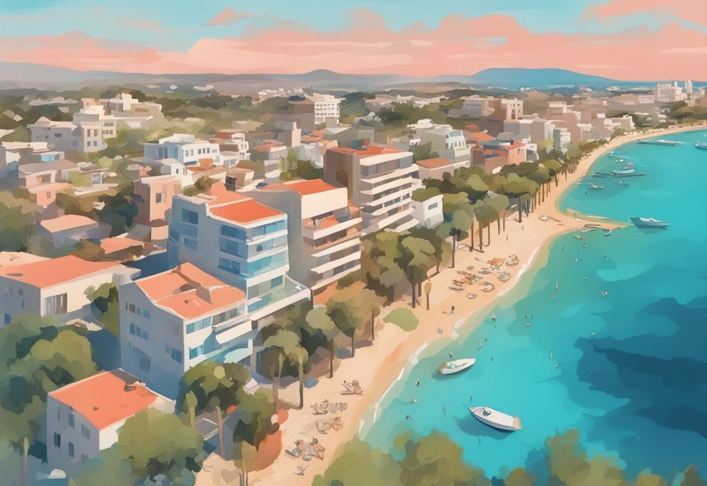 Moderne digitale Malerei, Luftaufnahme von Ayia Napa mit goldenen Stränden, azurblauem Meer und üppigem Grün in Zypern, Hauptfarbe Koralle