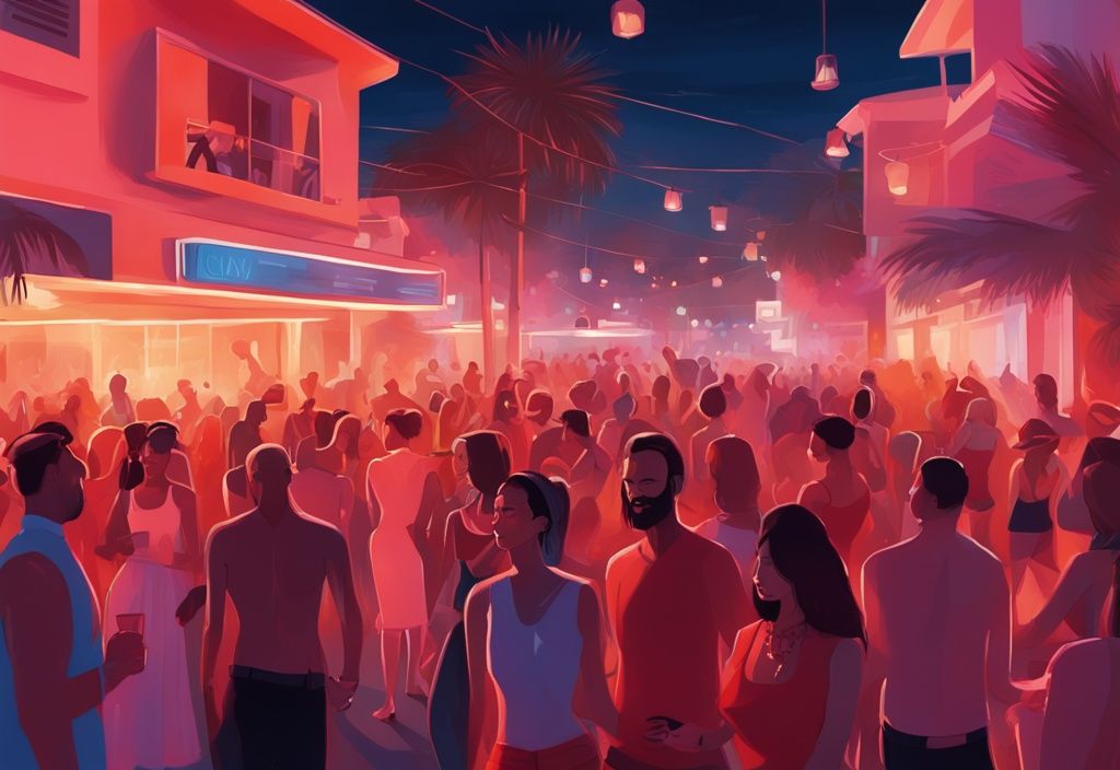 Moderne digitale Malerei einer lebhaften Nachtclubszene in Ayia Napa mit Menschenmengen, die bei einer Open-Air-Party feiern, beleuchtet von lebhaften Lichtern.