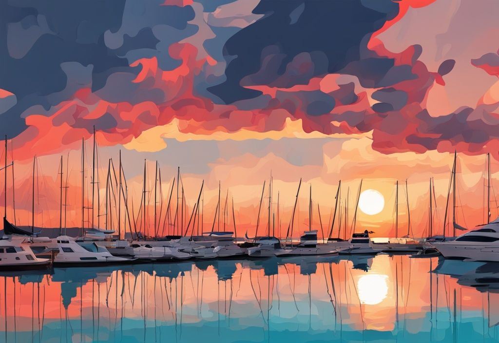 Moderne digitale Illustration des Ayia Napa Marinas bei Sonnenuntergang mit luxuriösen Yachten und einem lebhaften, korallfarbenen Himmel im Hintergrund.