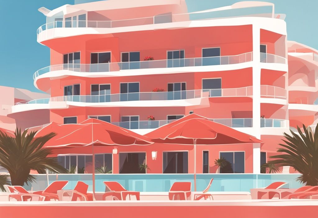 Moderne digitale Malerei mit luxuriöser Außenansicht des Amarande Hotel Ayia Napa unter der strahlenden Mittelmeersonne, Hauptfarbe Koralle.