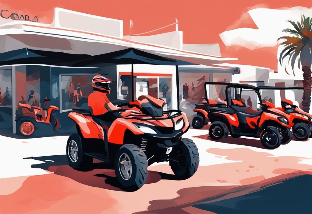 Moderne digitale Malerei-Illustration eines Quadbike-Verleihs in Ayia Napa mit einer Flotte von Quadbikes, bereit für abenteuerlustige Touristen, Hauptfarbthema Koralle.