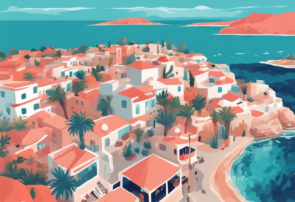 Moderne digitale Malerei, die eine malerische Reise von Paphos nach Ayia Napa zeigt, mit wunderschönen Landschaften, historischen Sehenswürdigkeiten, lebendigem Nachtleben und atemberaubenden Stränden in Korallenfarben.