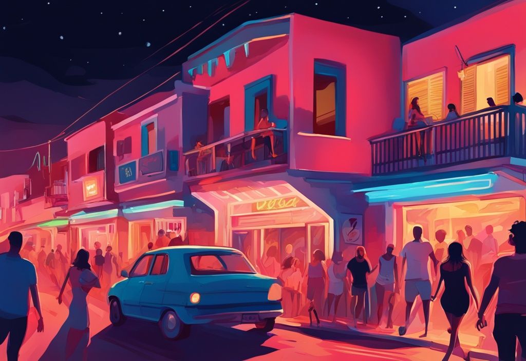 Moderne digitale Illustration einer lebhaften Straße in Ayia Napa bei Nacht, beleuchtet von Neonlichtern von Bars und Clubs, mit dem Hauptfarbthema Koralle und vielen Menschen; ayia napa nightlife