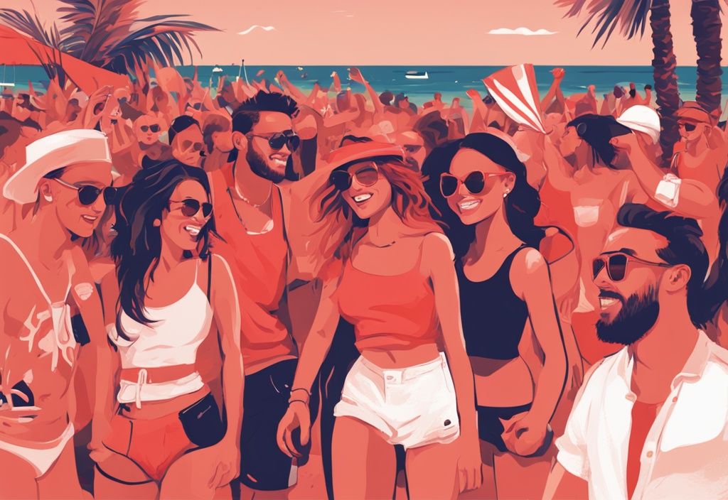 Digitale moderne Illustration einer Gruppe junger Erwachsener, die Spaß auf einer Strandparty in Ayia Napa haben, mit dem Hauptfarbthema Koralle.