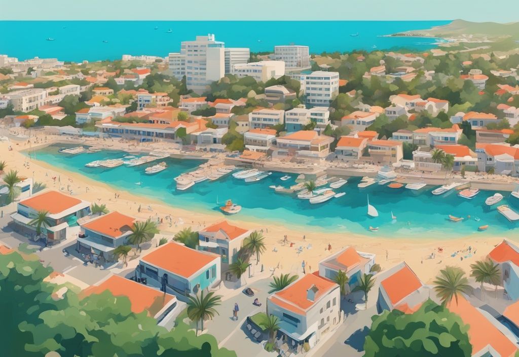 Moderne digitale Malerei von Ayia Napa, Zypern aus der Vogelperspektive, mit goldenen Stränden, azurblauem Meer und üppigem Grün in Korallenfarben.