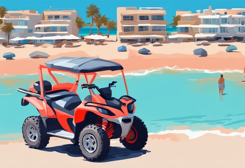 Moderner digitaler Gemälde-Illustration mit einem Quad-Bike, das am sonnigen Strand von Ayia Napa geparkt ist, mit klarem blauem Meer im Hintergrund - ayia napa quad mieten