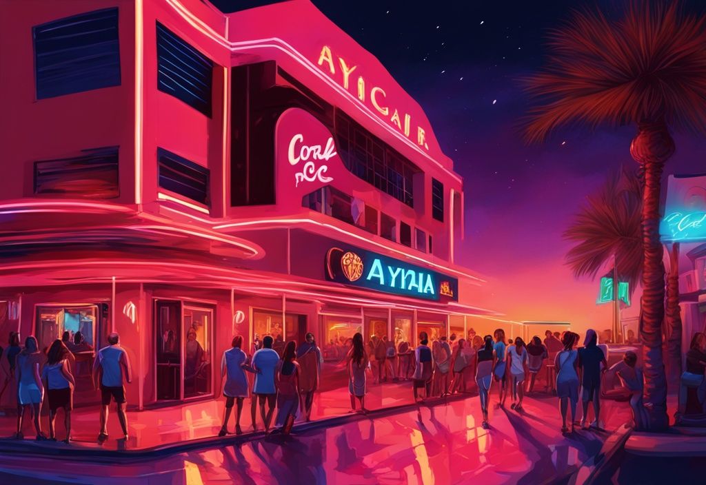 Moderne digitale Malerei des Hard Rock Cafe Ayia Napa bei Nacht, beleuchtet von leuchtenden Neonlichtern, mit lebendiger Energie und in Korallenfarben.