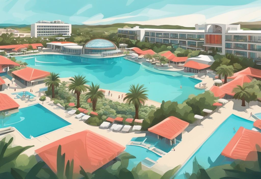 Moderne digitale Malerei des Olympic Lagoon Resort Ayia Napa mit beeindruckenden Schwimmbecken, umgeben von üppigem Grün und Resortgebäuden im Hintergrund, Hauptfarbthema Koralle.