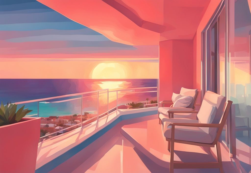 Moderne digitale Malerei einer Ferienwohnung in Ayia Napa mit Blick auf das Meer bei Sonnenuntergang, Hauptfarbe Koralle.