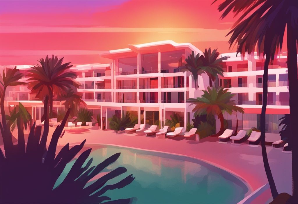 Moderne digitale Illustration des Margadina Hotels in Ayia Napa bei Sonnenuntergang, umgeben von üppigen Palmen, Hauptfarbe Koralle.