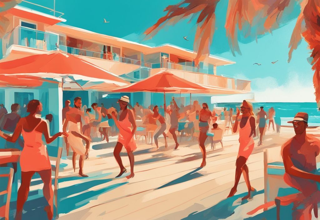 Moderne digitale Malerei von Ayia Napa Beach Club, mit Korallenfarben, türkisfarbenem Meer, goldenem Strand, tanzenden Menschen und klarem blauen Himmel.