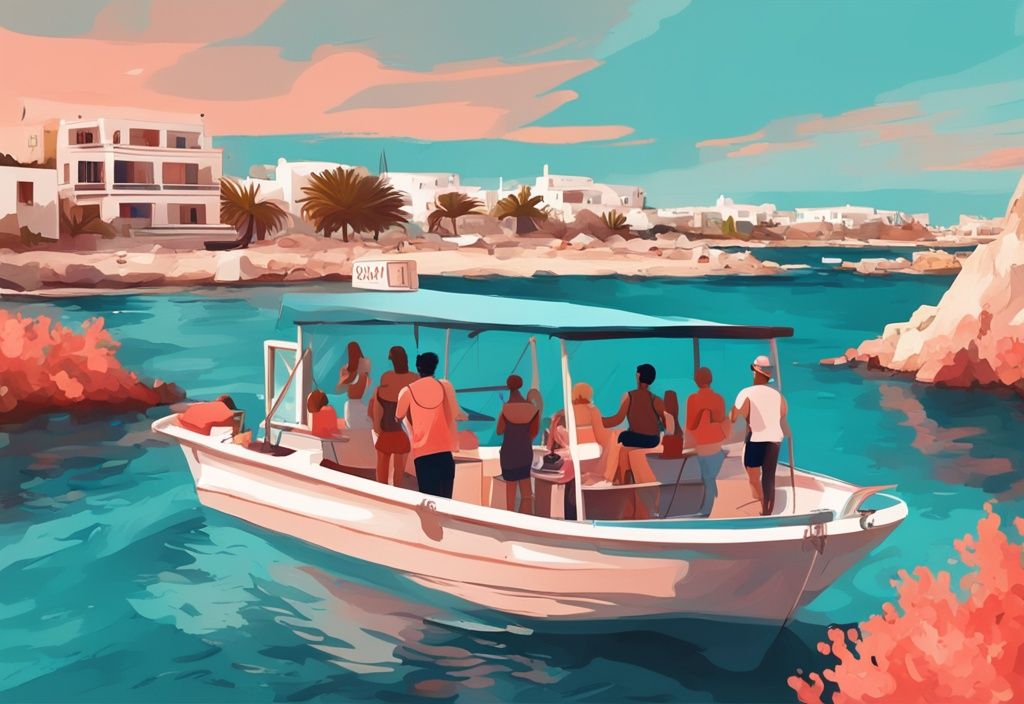 Moderne digitale Malerei, diverse Touristen genießen eine Bootstour vor der atemberaubenden Küstenlandschaft von Ayia Napa, ausflüge zypern ab ayia napa.