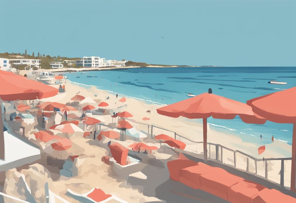 Moderne digitale Malerei von Ayia Napa Strand im September mit klarem blauen Himmel und sonnigem Wetter, Hauptfarbe Koralle