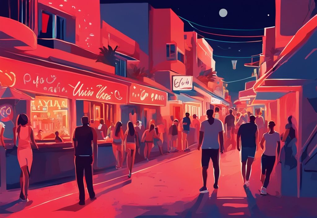 Moderne digitale Malerei mit Hauptfarbe Koralle, zeigt eine lebhafte Straße in Ayia Napa bei Nacht, belebt von Menschen und beleuchtet durch Neonlichter von Bars und Clubs, Ayia Napa Nightlife