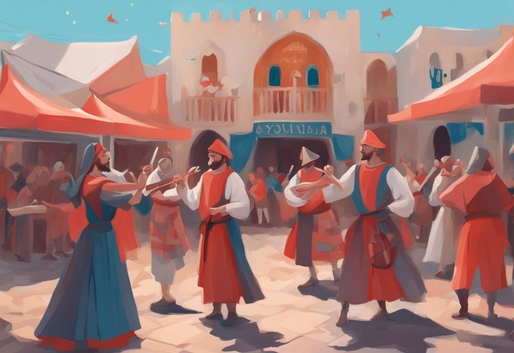 Moderne digitale Malerei, lebhafte Szene auf dem Stadtplatz von Ayia Napa während des Mittelalterfestivals 2023, mit Jongleuren, Rittern, Minnesängern und Stadtbewohnern in historischen Kostümen, im Hintergrund das ikonische Kloster von Ayia Napa, Hauptfarbthema Koralle